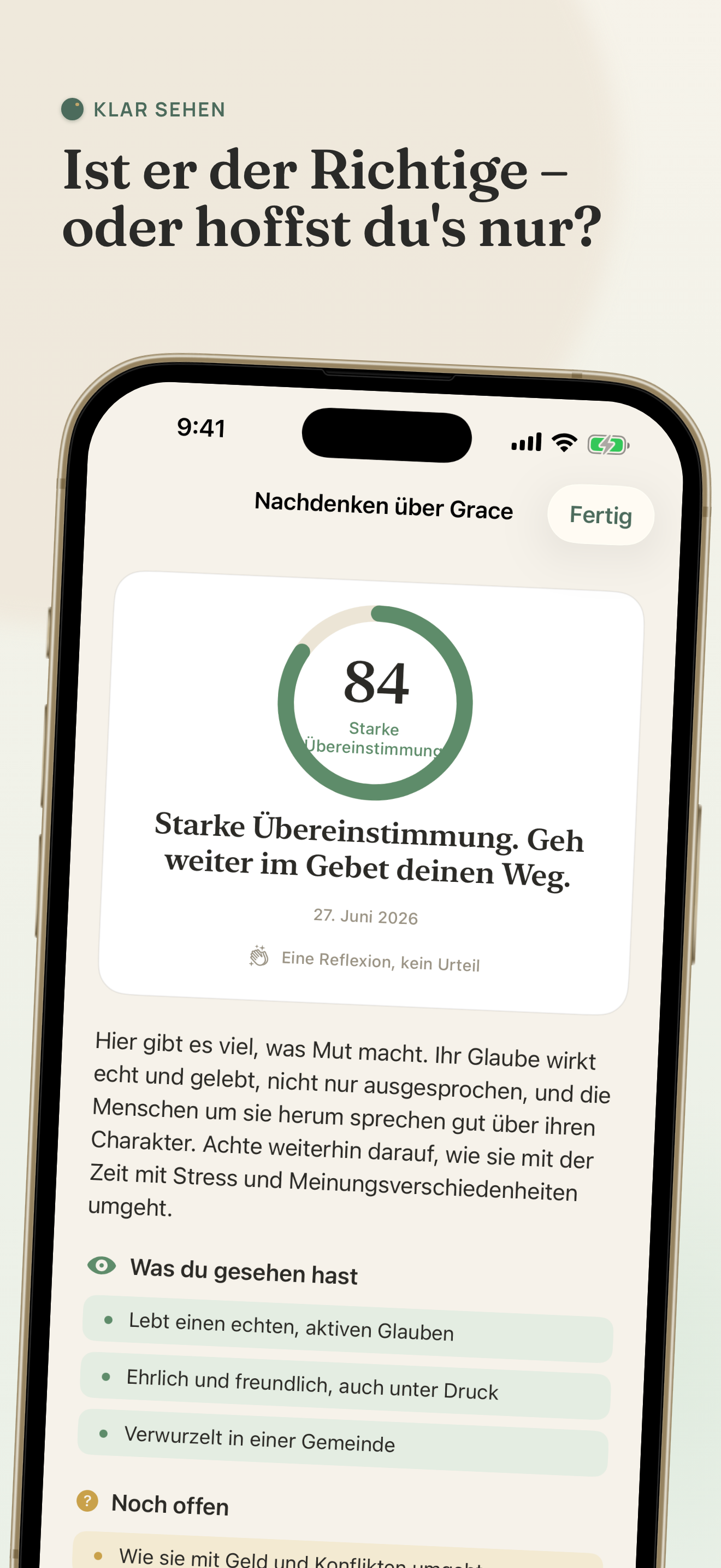 Die Discern-App mit einer gebetsvollen Reflexion über eine Person, die du kennengelernt hast