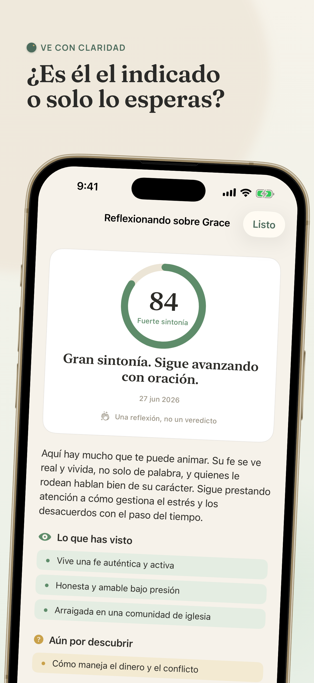 La aplicación Discern mostrando una reflexión en oración sobre alguien que has conocido