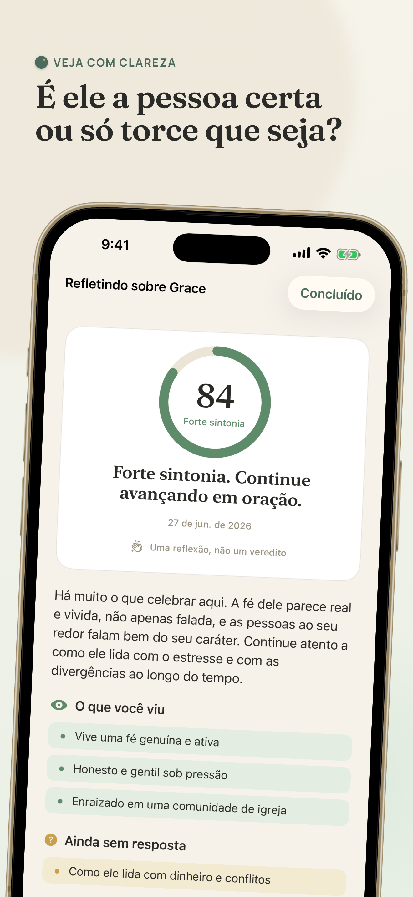 O aplicativo Discern mostrando uma reflexão em oração sobre alguém que você conheceu